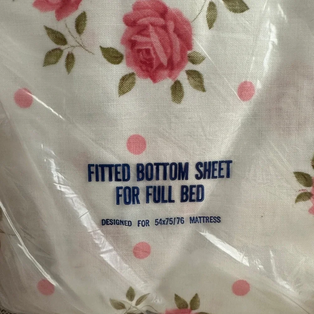 NEW Vintage Cannon No-Iron Muslin Full Flat & Fitted Sheet Set Rose Floral White